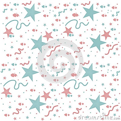 Green stars, pink hearts, striped background, geometric pattern, stars, embroidered pattern, geometric pattern Stock Photo